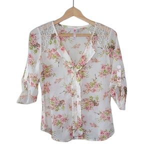 6 Degrees | Semi-sheer Floral Popover Blouse with Roll Tab Sleeves Size Small